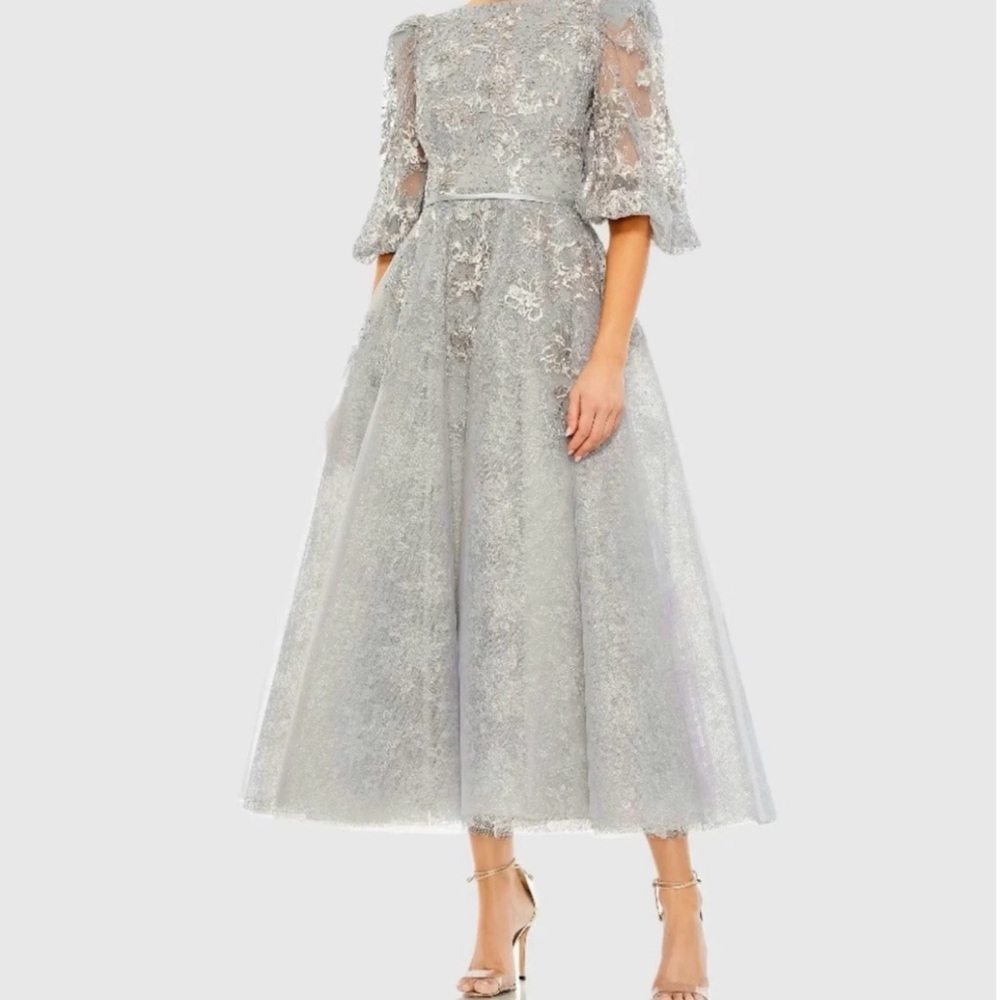 Mac Duggal Silver Lace Midi Dress with Sheer Elbow Sleeves Size 8